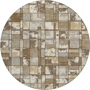 Photo of 8' Brown And Beige Round Geometric Washable Indoor Outdoor Area Rug