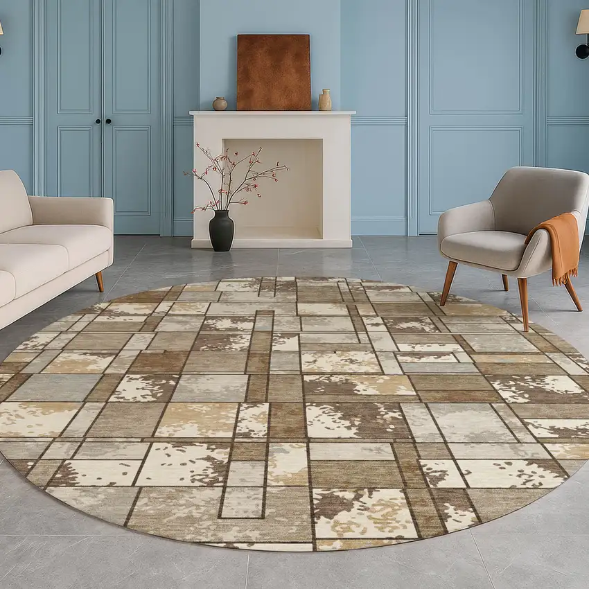 8' Brown And Beige Round Geometric Washable Indoor Outdoor Area Rug Photo 5