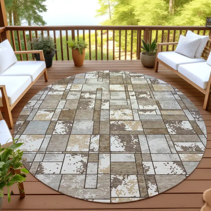 8' Brown And Beige Round Geometric Washable Indoor Outdoor Area Rug Photo 4