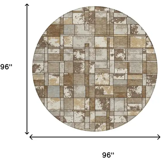 8' Brown And Beige Round Geometric Washable Indoor Outdoor Area Rug Photo 8
