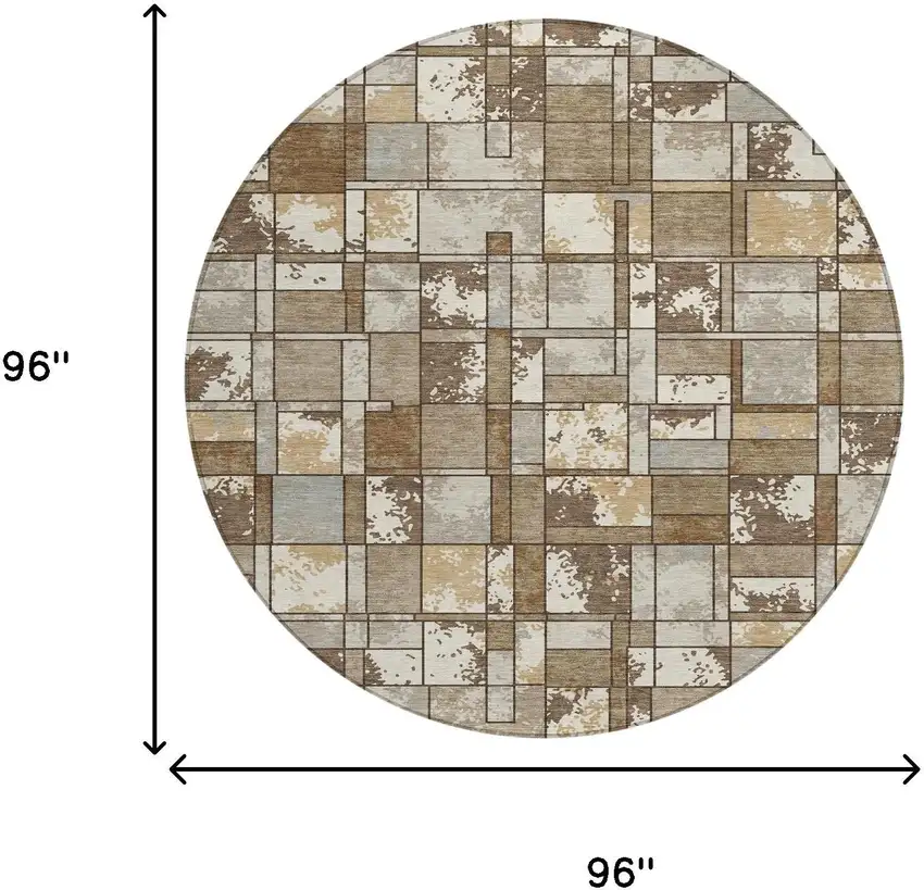 8' Brown And Beige Round Geometric Washable Indoor Outdoor Area Rug Photo 8