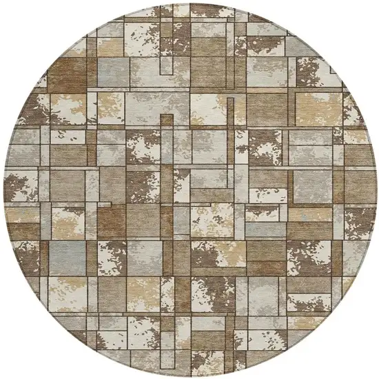 8' Brown And Beige Round Geometric Washable Indoor Outdoor Area Rug Photo 3