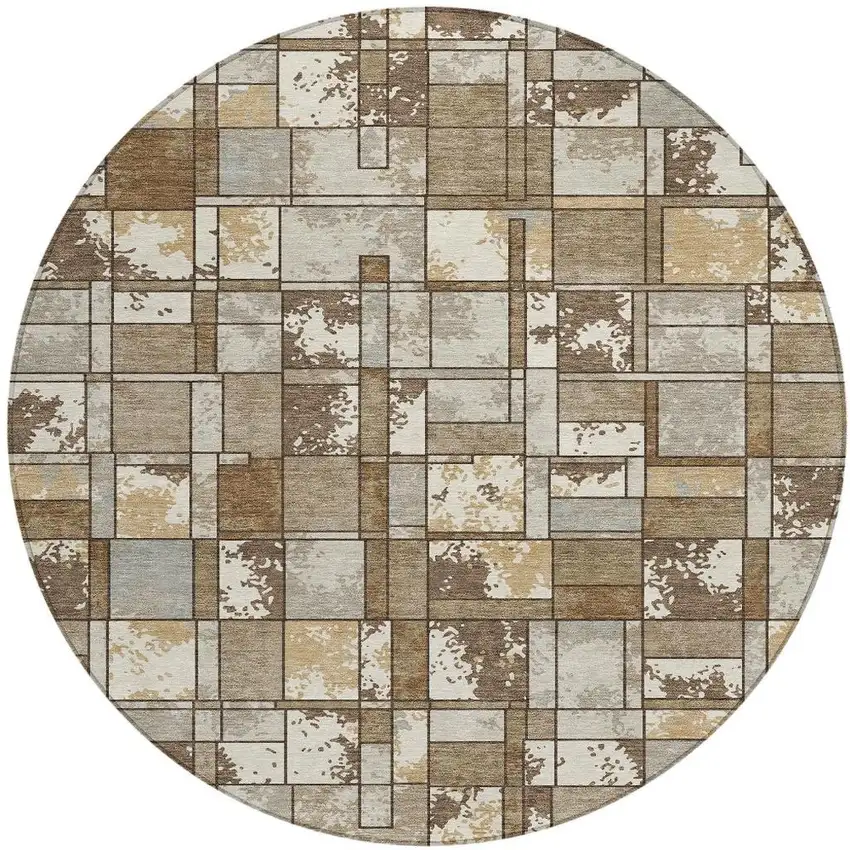 8' Brown And Beige Round Geometric Washable Indoor Outdoor Area Rug Photo 3