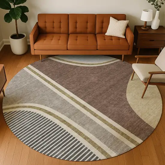8' Brown And Beige Round Geometric Washable Indoor Outdoor Area Rug Photo 5