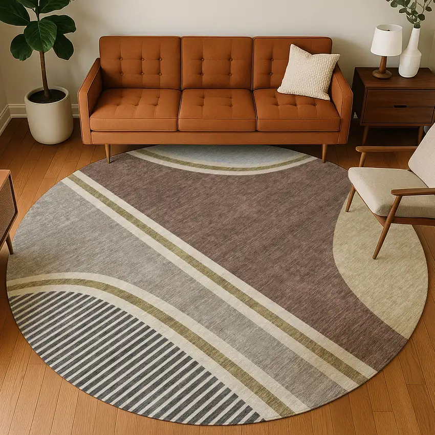 8' Brown And Beige Round Geometric Washable Indoor Outdoor Area Rug Photo 5