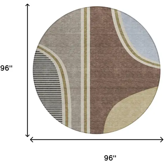 8' Brown And Beige Round Geometric Washable Indoor Outdoor Area Rug Photo 8