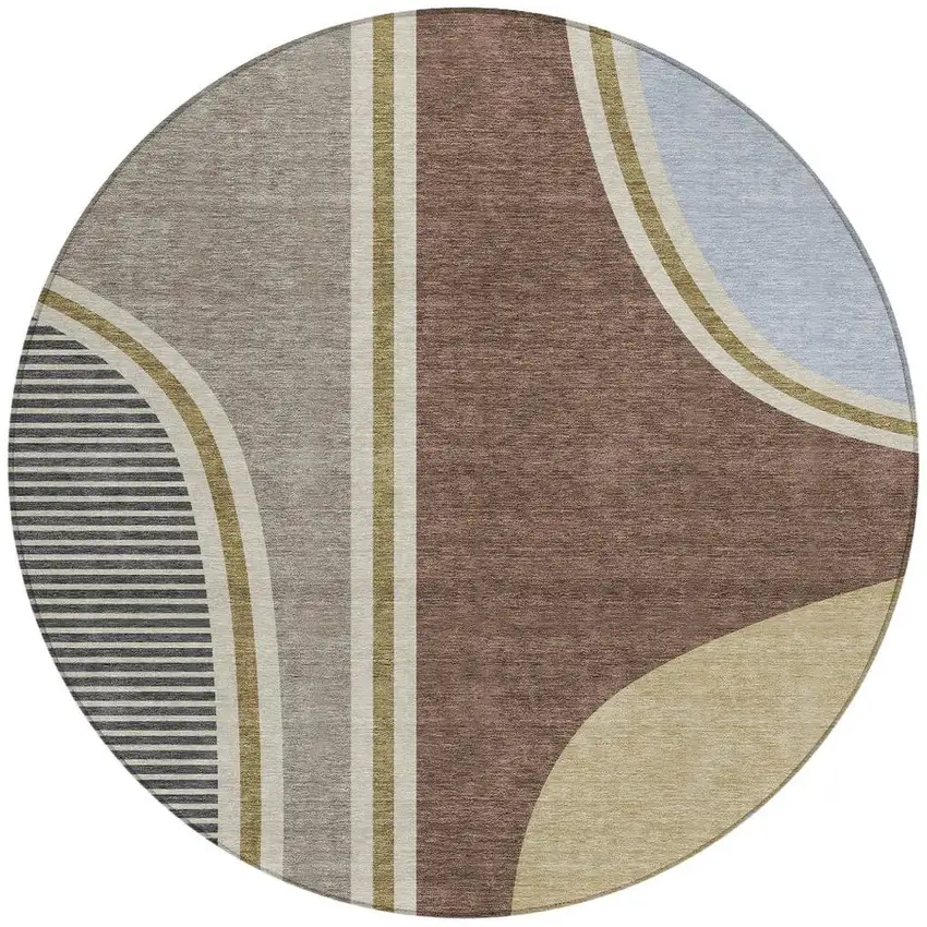 8' Brown And Beige Round Geometric Washable Indoor Outdoor Area Rug Photo 3