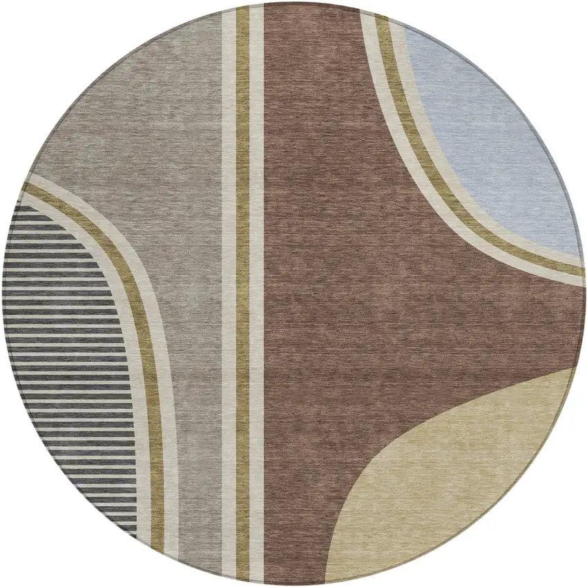 8' Brown And Beige Round Geometric Washable Indoor Outdoor Area Rug Photo 1