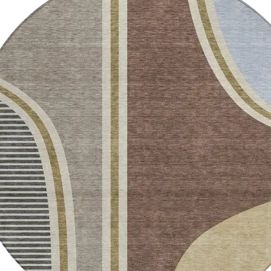 8' Brown And Beige Round Geometric Washable Indoor Outdoor Area Rug Photo 2