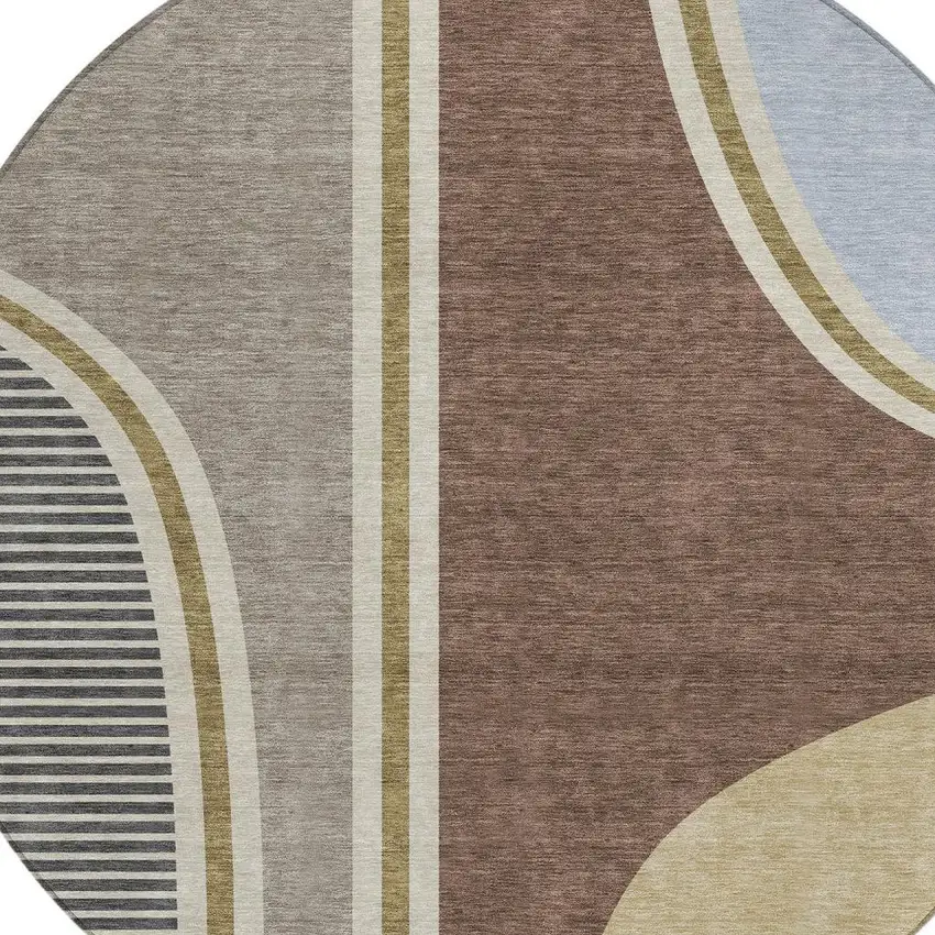 8' Brown And Beige Round Geometric Washable Indoor Outdoor Area Rug Photo 2