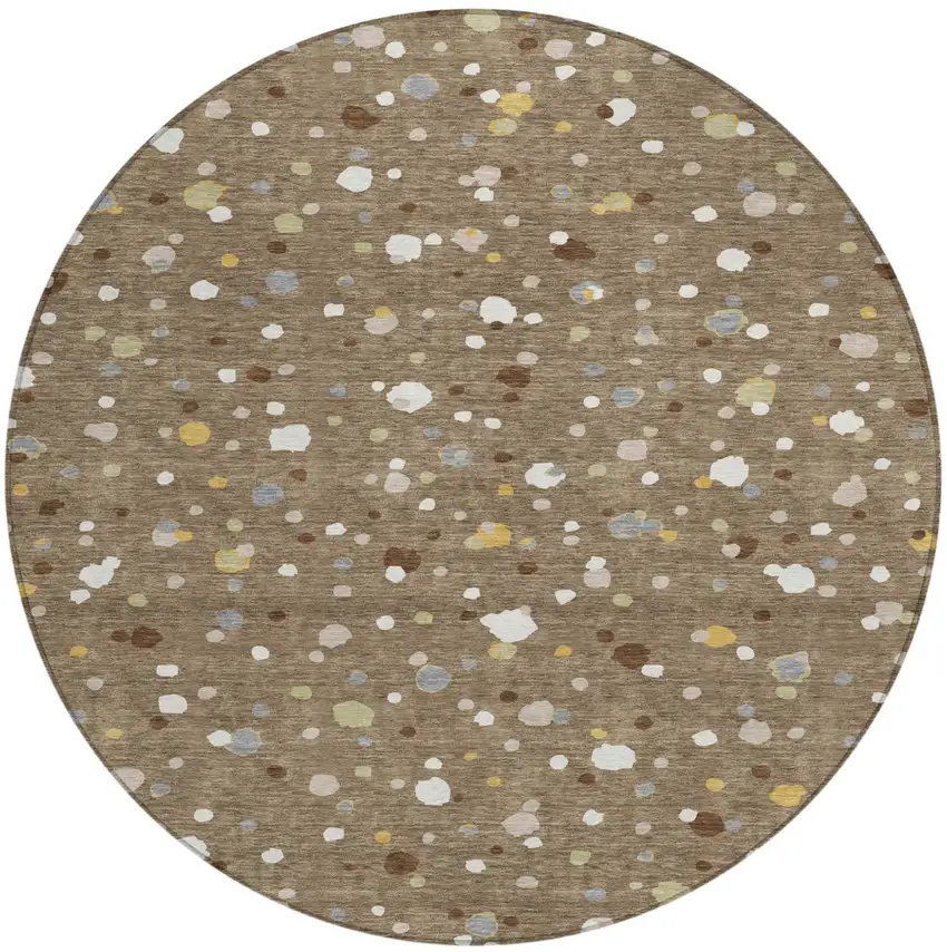 8' Brown And Beige Round Geometric Washable Indoor Outdoor Area Rug Photo 2