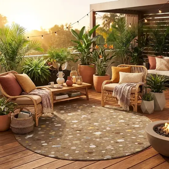 8' Brown And Beige Round Geometric Washable Indoor Outdoor Area Rug Photo 1