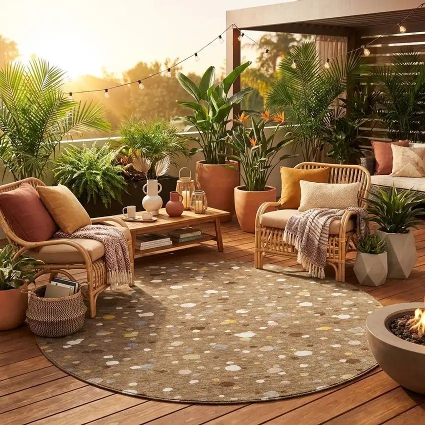 8' Brown And Beige Round Geometric Washable Indoor Outdoor Area Rug Photo 1