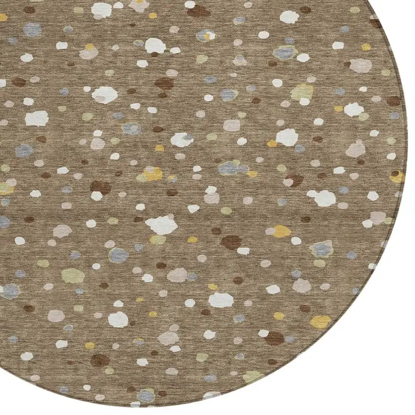 8' Brown And Beige Round Geometric Washable Indoor Outdoor Area Rug Photo 3