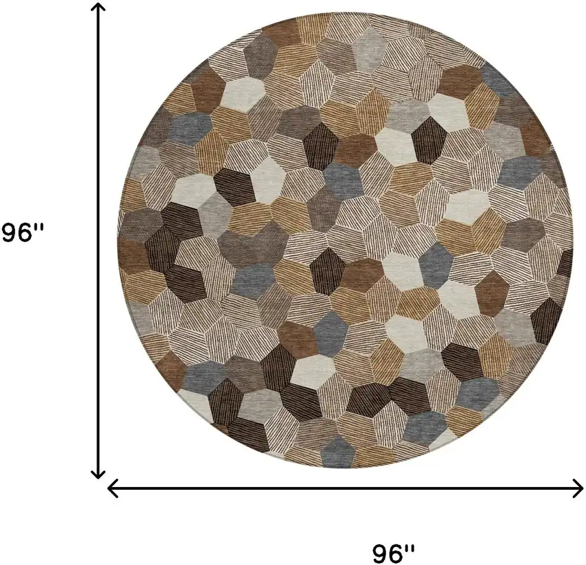 8' Brown And Beige Round Geometric Washable Indoor Outdoor Area Rug Photo 6