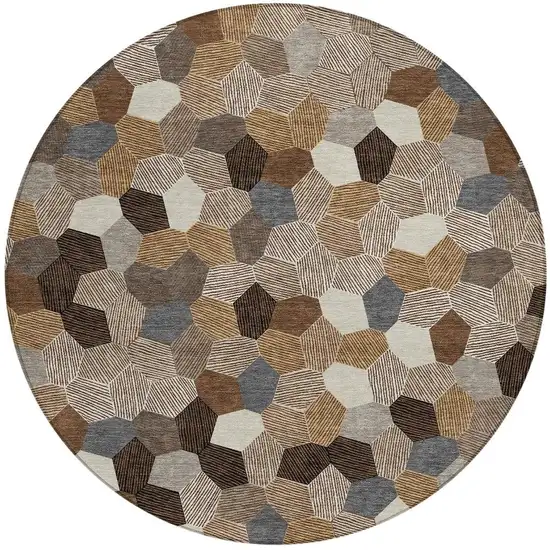 8' Brown And Beige Round Geometric Washable Indoor Outdoor Area Rug Photo 3