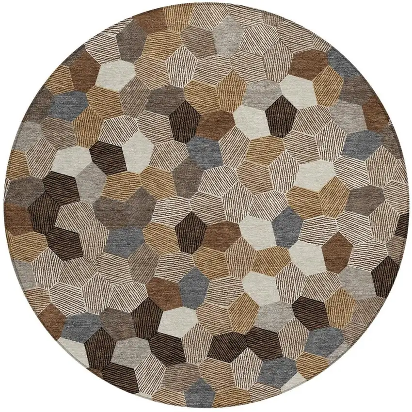 8' Brown And Beige Round Geometric Washable Indoor Outdoor Area Rug Photo 3