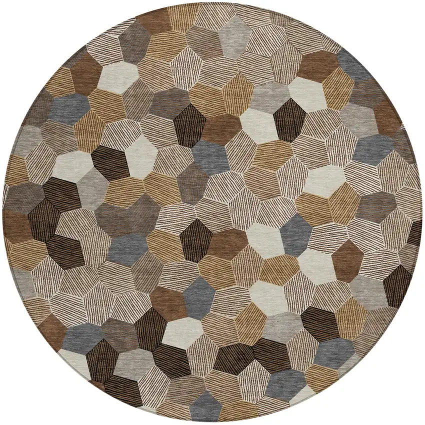 8' Brown And Beige Round Geometric Washable Indoor Outdoor Area Rug Photo 1