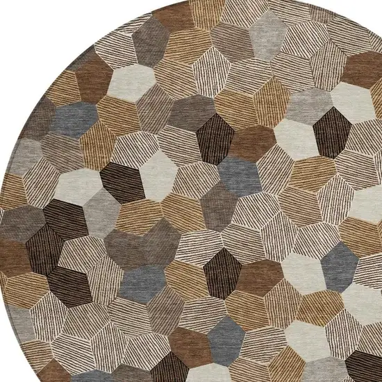 8' Brown And Beige Round Geometric Washable Indoor Outdoor Area Rug Photo 2
