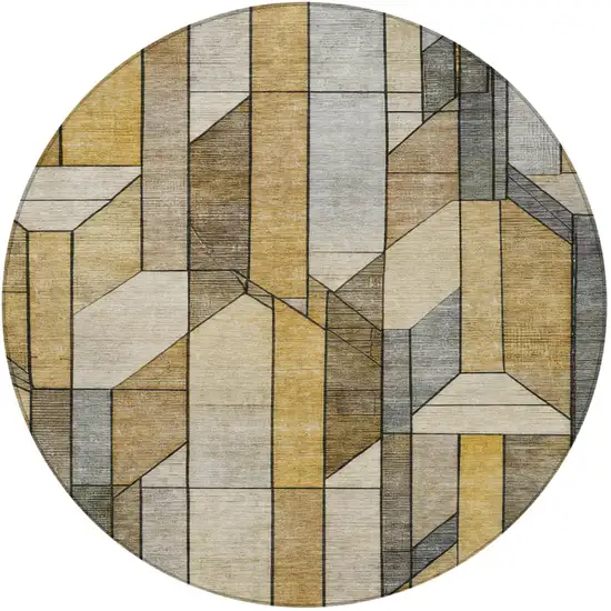 8' Brown And Beige Round Geometric Washable Indoor Outdoor Area Rug Photo 2