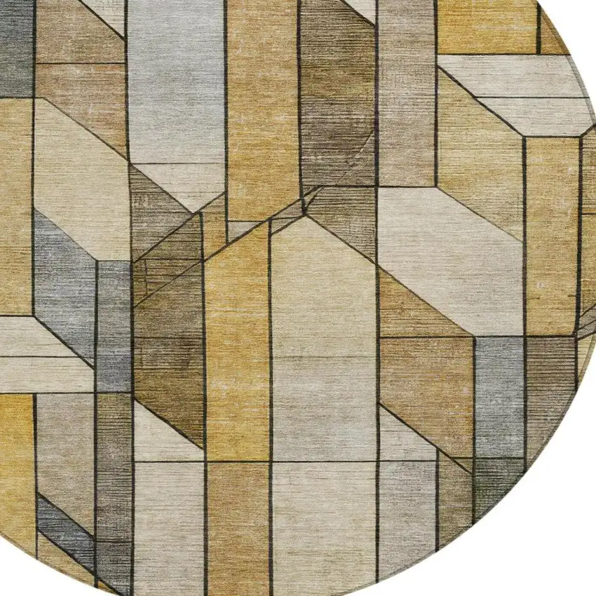 8' Brown And Beige Round Geometric Washable Indoor Outdoor Area Rug Photo 6