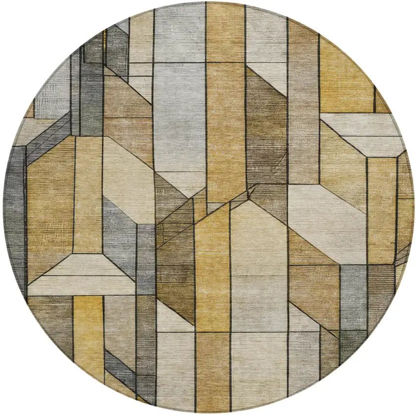 8' Brown And Beige Round Geometric Washable Indoor Outdoor Area Rug Photo 1