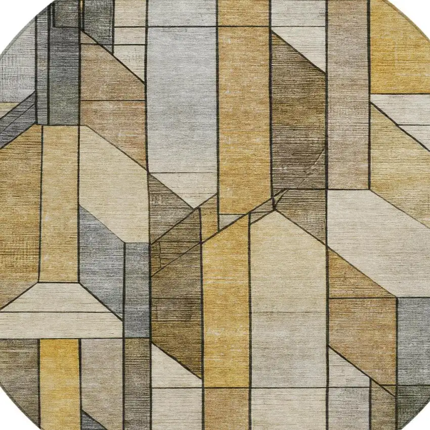 8' Brown And Beige Round Geometric Washable Indoor Outdoor Area Rug Photo 7