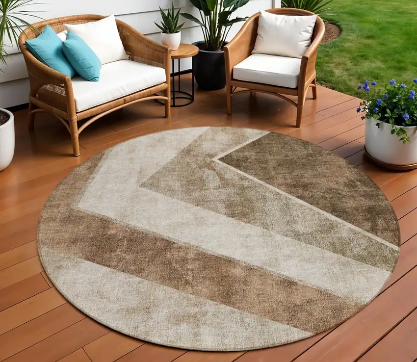 8' Brown And Beige Round Geometric Washable Indoor Outdoor Area Rug Photo 1