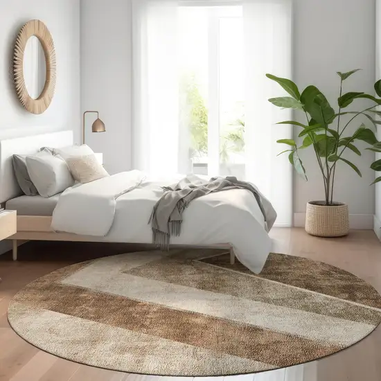 8' Brown And Beige Round Geometric Washable Indoor Outdoor Area Rug Photo 9