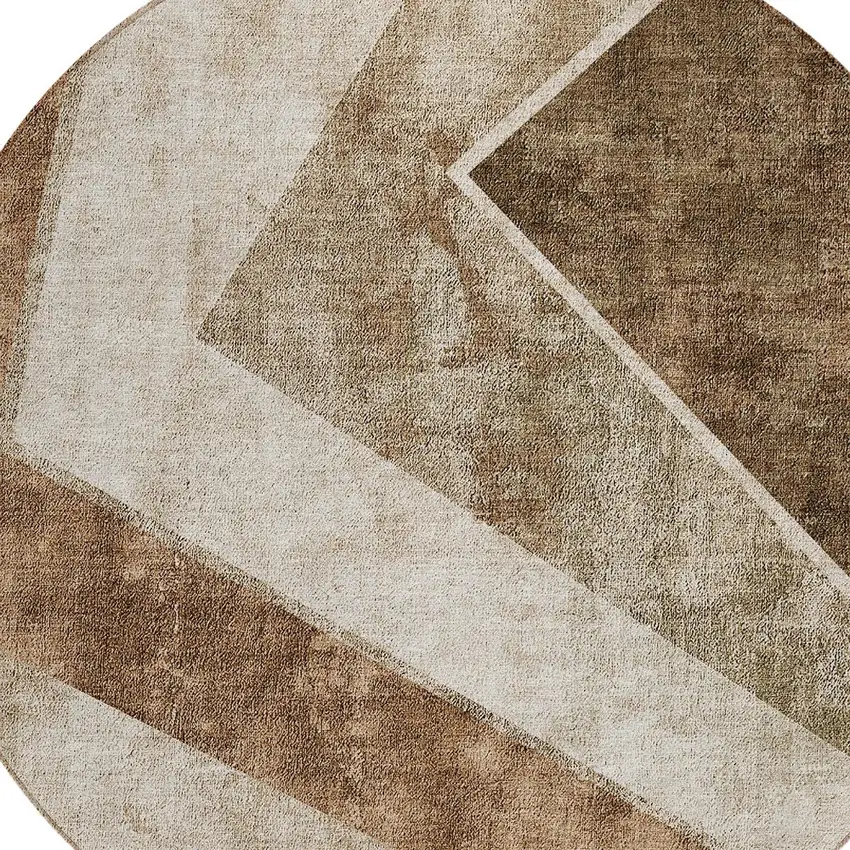 8' Brown And Beige Round Geometric Washable Indoor Outdoor Area Rug Photo 5