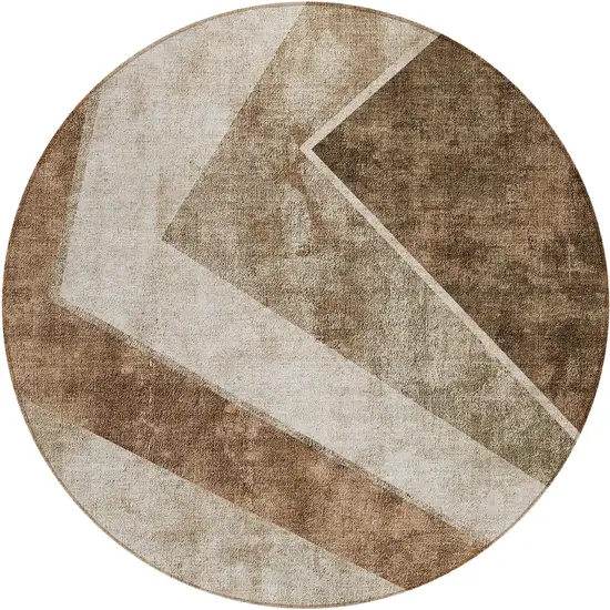 8' Brown And Beige Round Geometric Washable Indoor Outdoor Area Rug Photo 2