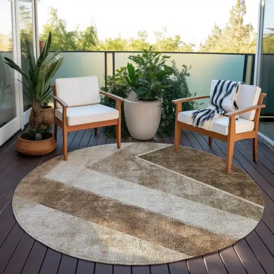 8' Brown And Beige Round Geometric Washable Indoor Outdoor Area Rug Photo 8