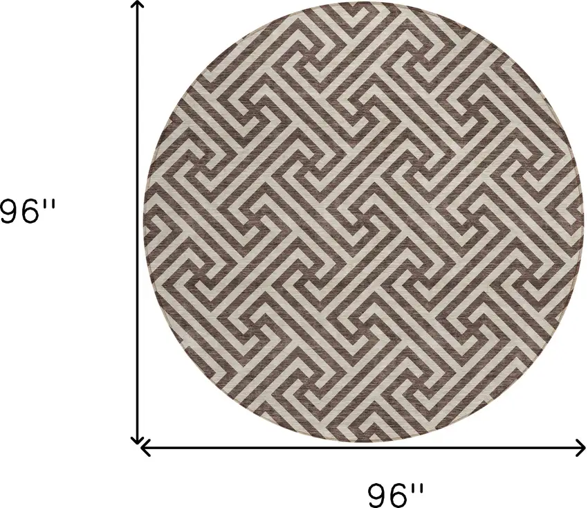 8' Brown And Beige Round Geometric Washable Indoor Outdoor Area Rug Photo 9