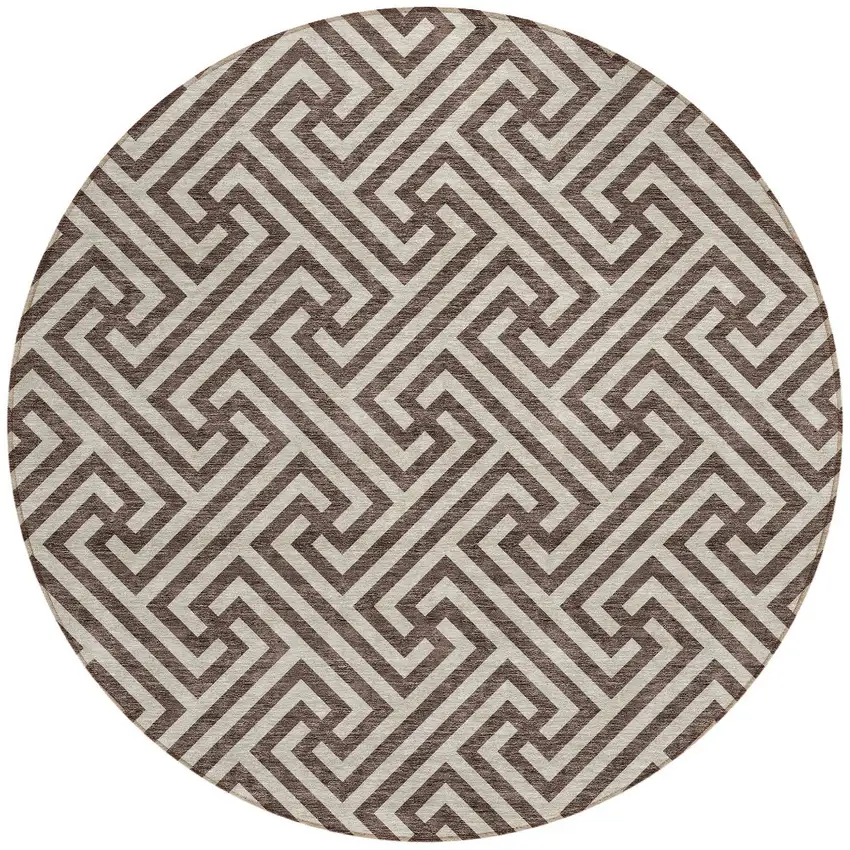8' Brown And Beige Round Geometric Washable Indoor Outdoor Area Rug Photo 6