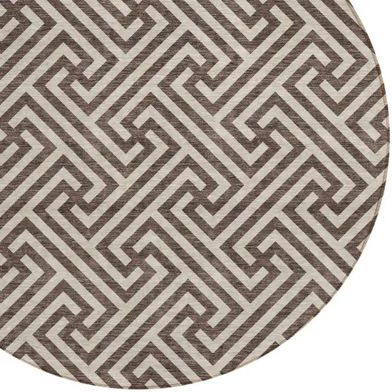 8' Brown And Beige Round Geometric Washable Indoor Outdoor Area Rug Photo 4