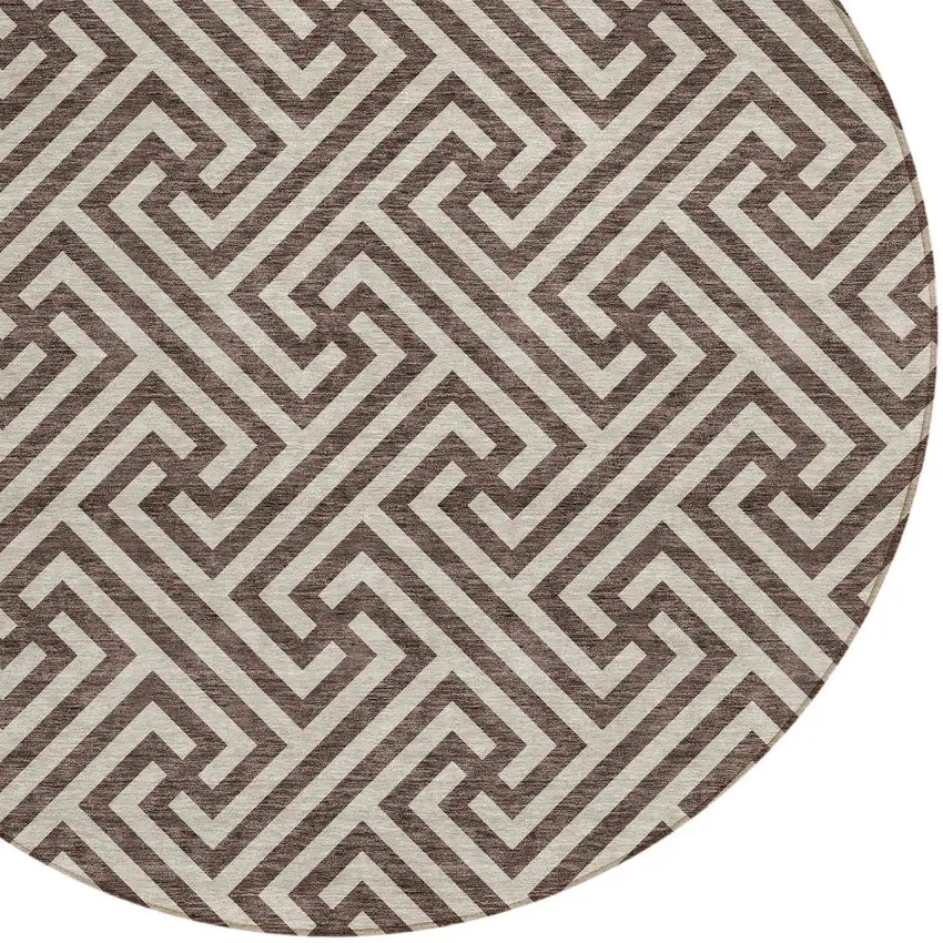 8' Brown And Beige Round Geometric Washable Indoor Outdoor Area Rug Photo 4
