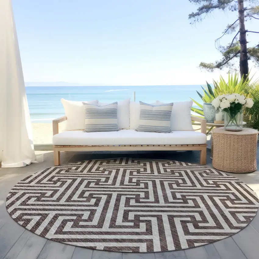 8' Brown And Beige Round Geometric Washable Indoor Outdoor Area Rug Photo 8