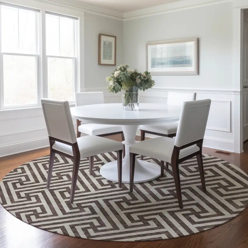 8' Brown And Beige Round Geometric Washable Indoor Outdoor Area Rug Photo 8