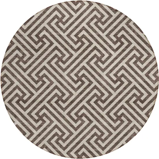 8' Brown And Beige Round Geometric Washable Indoor Outdoor Area Rug Photo 1