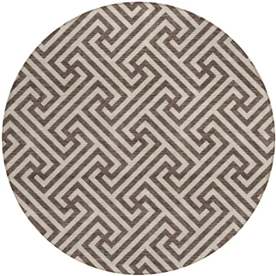 8' Brown And Beige Round Geometric Washable Indoor Outdoor Area Rug Photo 1