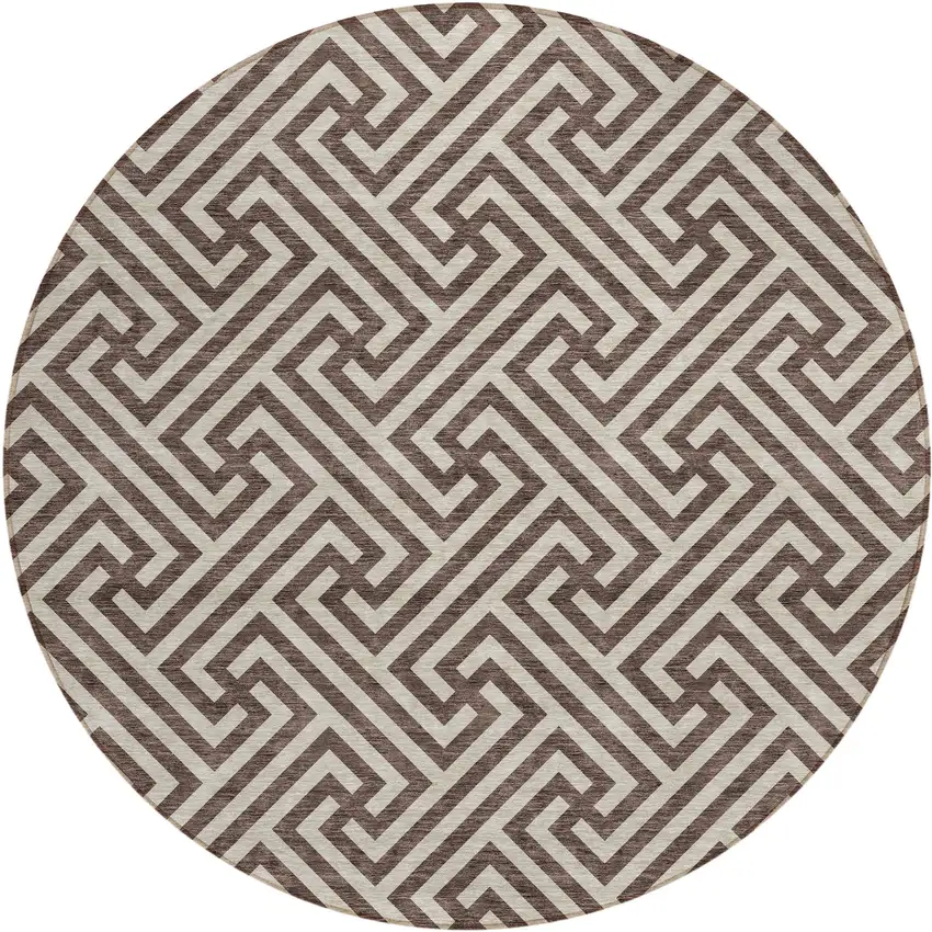 8' Brown And Beige Round Geometric Washable Indoor Outdoor Area Rug Photo 1