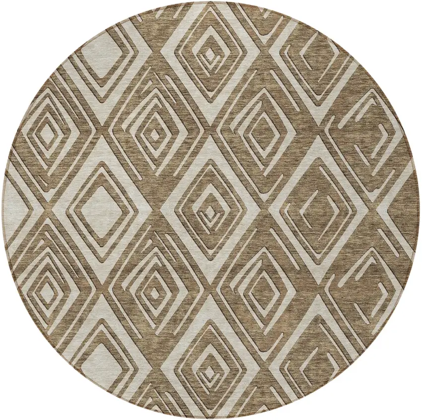 8' Brown And Beige Round Geometric Washable Indoor Outdoor Area Rug Photo 6