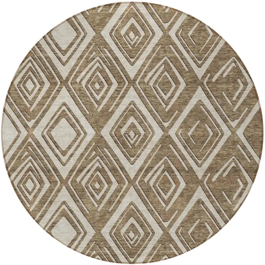 8' Brown And Beige Round Geometric Washable Indoor Outdoor Area Rug Photo 6