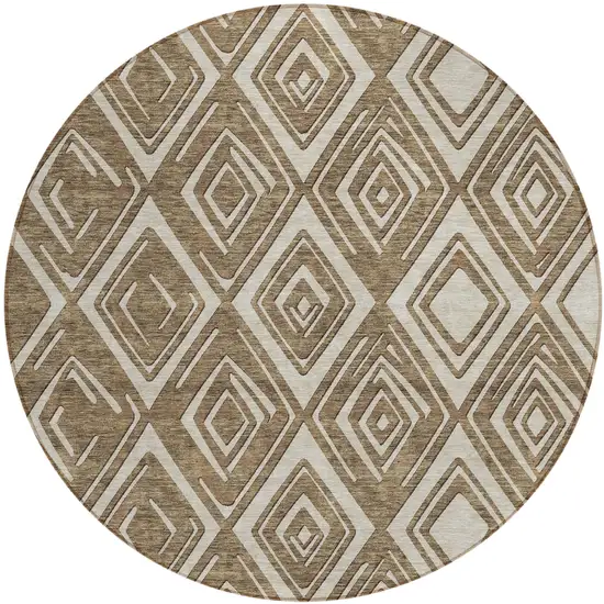 8' Brown And Beige Round Geometric Washable Indoor Outdoor Area Rug Photo 2