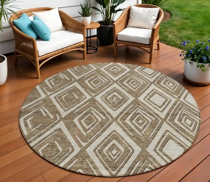 8' Brown And Beige Round Geometric Washable Indoor Outdoor Area Rug Photo 1