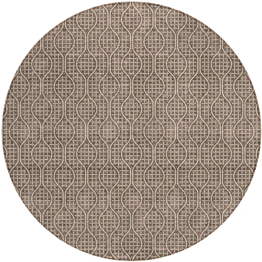 8' Brown And Beige Round Geometric Washable Indoor Outdoor Area Rug Photo 2