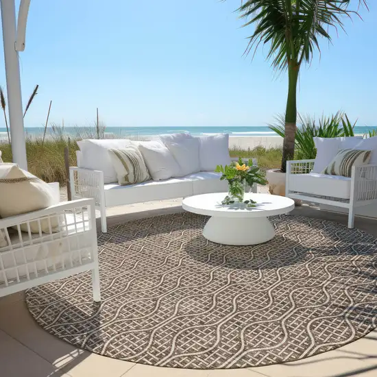 8' Brown And Beige Round Geometric Washable Indoor Outdoor Area Rug Photo 7