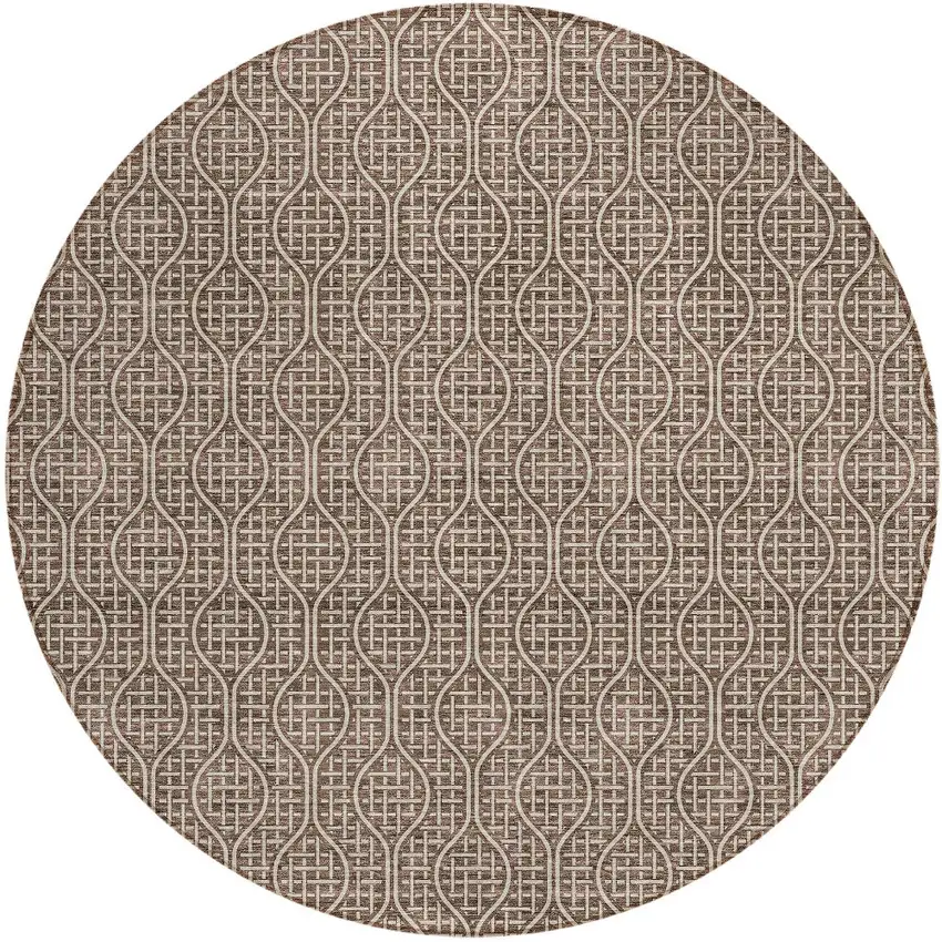 8' Brown And Beige Round Geometric Washable Indoor Outdoor Area Rug Photo 6