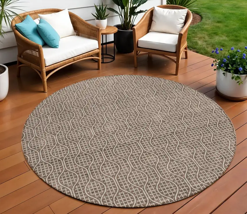 8' Brown And Beige Round Geometric Washable Indoor Outdoor Area Rug Photo 1