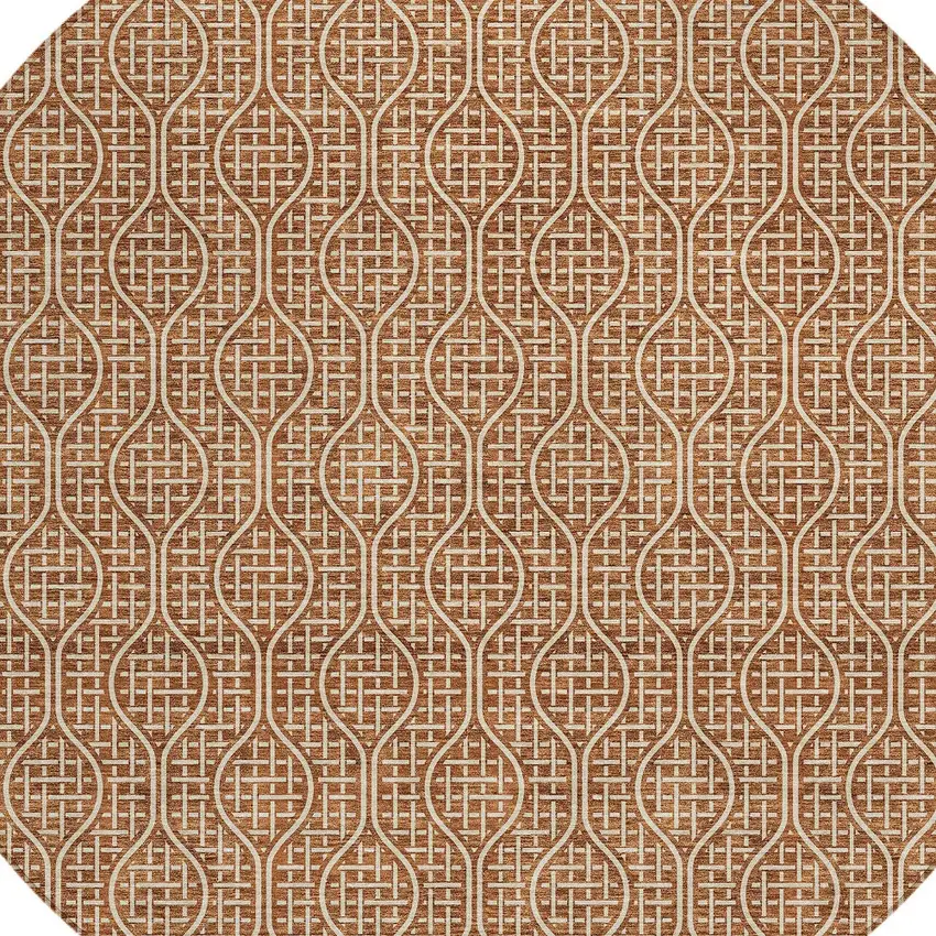 8' Brown And Beige Round Geometric Washable Indoor Outdoor Area Rug Photo 5